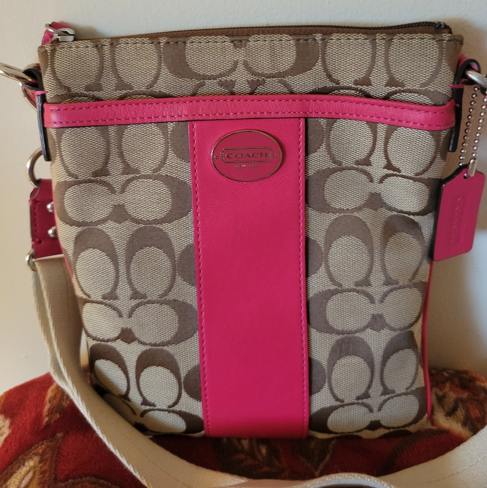 Coach Pink and Tan Crossbody Bag with Signature Monogram - Picture 2 of 9